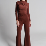 KAHVERENGİ DRAPE DETAY VÜCUDU SARAN TOP PANTOLON TAKIM