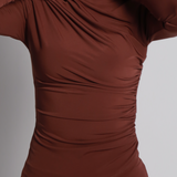 KAHVERENGİ DRAPE DETAY VÜCUDU SARAN TOP PANTOLON TAKIM
