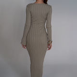 VİZON DRAPE DETAYLI UZUN KOLLU ELBİSE